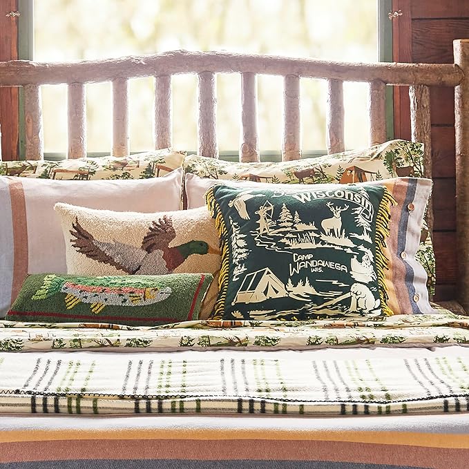 Camp Wandawega Souvenir Fringed Throw Pillow, Vintage Lodge Decorative Pillow, Square 20x20