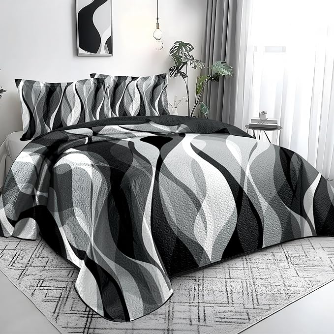 weesire Classic Line Pattern Bedding Quilt Queen Size Modern Grey Black and White Stripe Quilt with 2 Shams, Gray and White Comforter Sets Lightweight Breathable Bedspreads Coverlet, 90''x96''