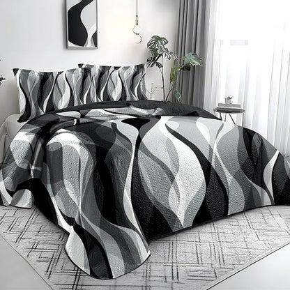 weesire Classic Line Pattern Bedding Quilt Queen Size Modern Grey Black and White Stripe Quilt with 2 Shams, Gray and White Comforter Sets Lightweight Breathable Bedspreads Coverlet, 90''x96''