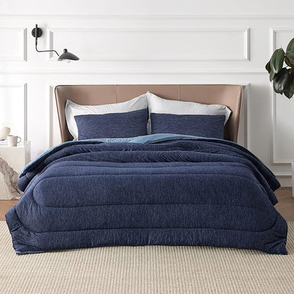 Bedsure King Comforter Set - Cooling and Warm Bed Set, Navy Blue Reversible Bedding for All Season, 3 Pieces, 1 King Size Comforter (102"x90") and 2 Pillow Cases (20"x36")