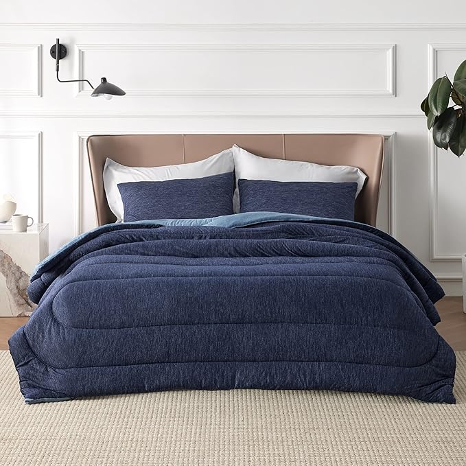 Bedsure Queen Comforter Set - Cooling and Warm Bed Set, Navy Blue Reversible Bedding for All Season, 3 Pieces, 1 Queen Size Comforter (88"x88") and 2 Pillow Cases(20"x26")
