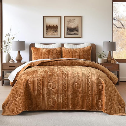 Homzard Velvet Golden Brown King Size Comforter Set, King Size Quilt Set Velvet Quilt Bedding Set, Soft Bedspread Coverlet, Luxury Bedding for All Season,3 Pieces Bed Set