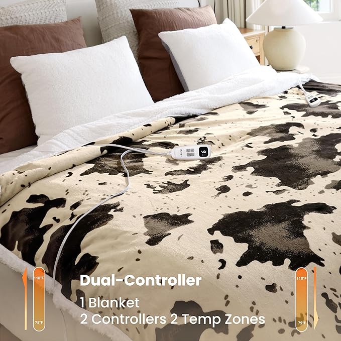 Cow Print Electric Heated Blanket Queen-Dual Control Heating Blanket Queen Size with 10 Heat Levels & 10 Hours Auto-Off, Cozy Soft Fleece Sherpa, Washable, 84x90 Inche Cow Print Light Brown