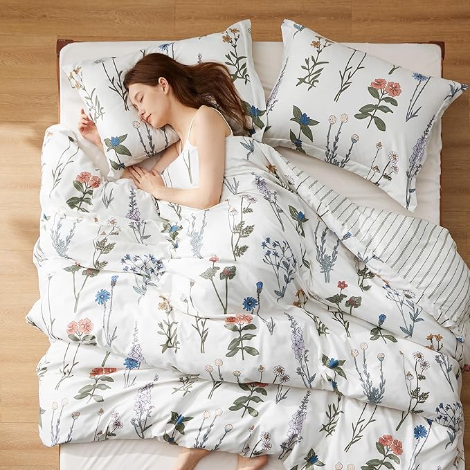 Bedsure Comforter Set Queen Size - Cute Floral Bedding Comforter Set, 3 Pieces, 1 Soft Reversible Coconut White Botanical Flowers Comforter and 2 Pillow Shams