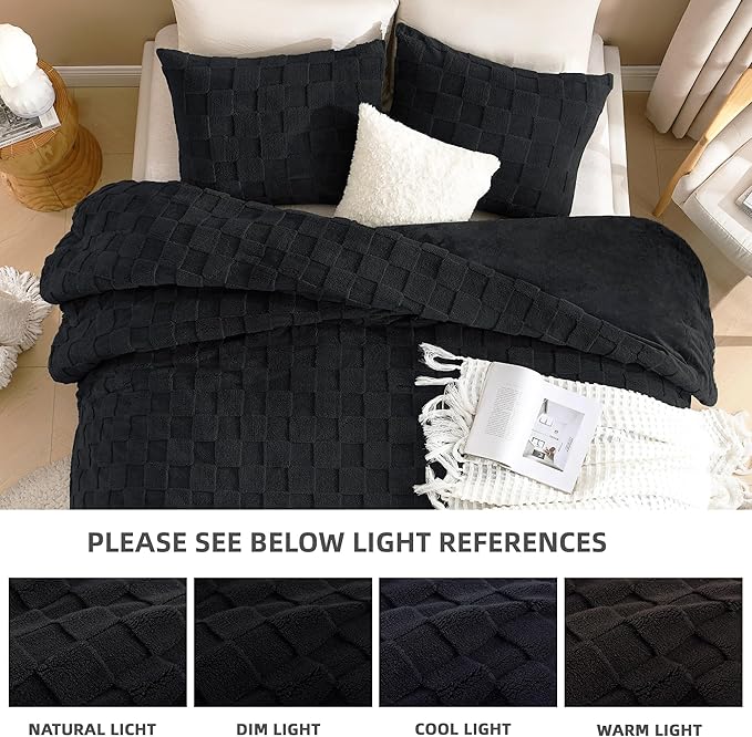 Litanika Fluffy Full Size Comforter Set Black, 3 Pieces Warm Sherpa Fleece Winter Bedding Set,Jacquard Checkered Plush Fuzzy Bed Set(1 Comforter, 2 Pillowcases)