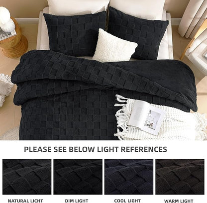 Litanika Fluffy Full Size Comforter Set Black, 3 Pieces Warm Sherpa Fleece Winter Bedding Set,Jacquard Checkered Plush Fuzzy Bed Set(1 Comforter, 2 Pillowcases)