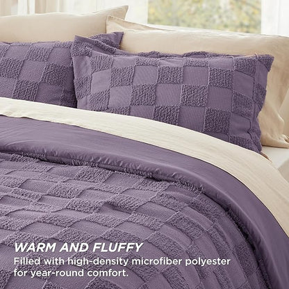 Bedsure Queen Size Comforter Set Grayish Purple, Boho Tufted Bed Set, Checkered Farmhouse Shabby Chic Bedding, 3 Pieces, 1 Plaid Geometric Comforter and 2 Pillow Shams