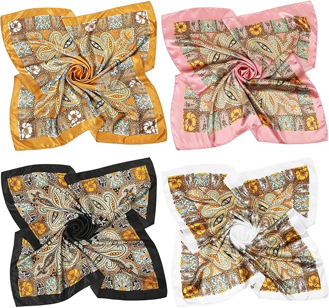 AWAYTR 35” Satin Large Square Head Scarves - 4PCS Silk Like Neck Scarf Hair Sleeping Wraps Satin Silk Scarfs for Women
