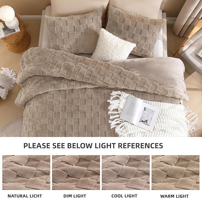 Litanika Fluffy Twin Size Comforter Set Khaki, 3 Pieces Warm Sherpa Fleece Winter Bedding Set, Jacquard Checkered Plush Fuzzy Bed Set(1 Comforter, 2 Pillowcases)