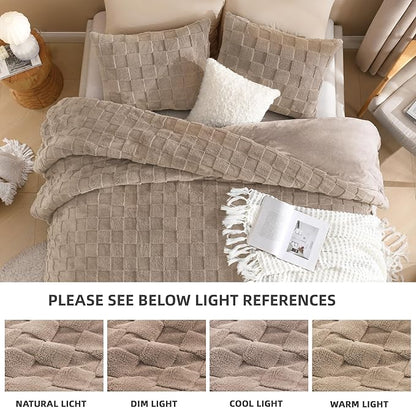 Litanika Fluffy Twin Size Comforter Set Khaki, 3 Pieces Warm Sherpa Fleece Winter Bedding Set, Jacquard Checkered Plush Fuzzy Bed Set(1 Comforter, 2 Pillowcases)