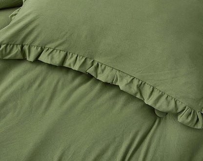 Chezmoi Collection Nora Olive Green Comforter Set Oversized Queen 3-Piece Lightweight Soft Stone-Washed Ruffled Shabby Chic Bedding for All Season