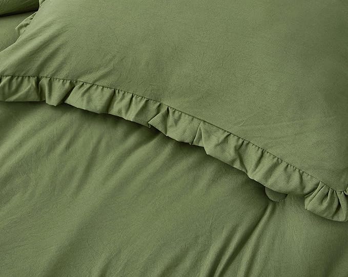 Chezmoi Collection Nora Olive Green Comforter Set Twin Size 2-Piece Lightweight Soft Stone-Washed Ruffled Shabby Chic Bedding for All Season