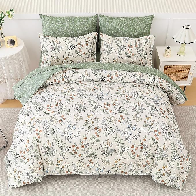 WONGS BEDDING Floral Comforter Set King Size,7 Pieces Bed in a Bag Flower Bedding Sets Botanical Microfiber Comforter Soft Loghtweight Bed Set with Sheet,Pillowcases&Shams
