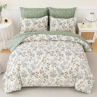 WONGS BEDDING Floral Comforter Set King Size,7 Pieces Bed in a Bag Flower Bedding Sets Botanical Microfiber Comforter Soft Loghtweight Bed Set with Sheet,Pillowcases&Shams