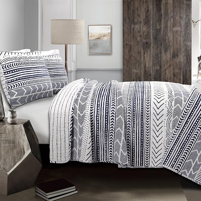 Lush Decor Hygge Geo Pattern Striped 3 Piece Quilt Bedding Set, King, Navy & White