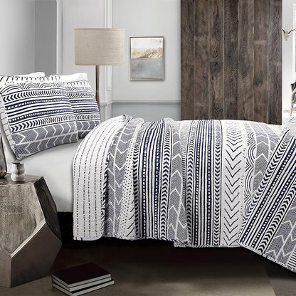 Lush Decor Hygge Geo Pattern Striped 3 Piece Quilt Bedding Set, King, Navy & White