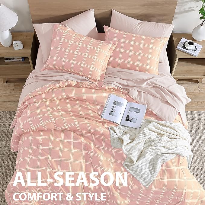 Cathay Home Basic Bedding Home Essential Ultra Soft Lightweight 5PC Wrinkle Resistant Microfiber Bed in a Bag Set (Includes Complete Sheet Set & Comforter Set) - Pink Plaid, Twin