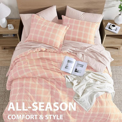 Cathay Home Basic Bedding Home Essential Ultra Soft Lightweight 7PC Wrinkle Resistant Microfiber Bed in a Bag Set (Includes Complete Sheet Set & Comforter Set) - Pink Plaid, Full