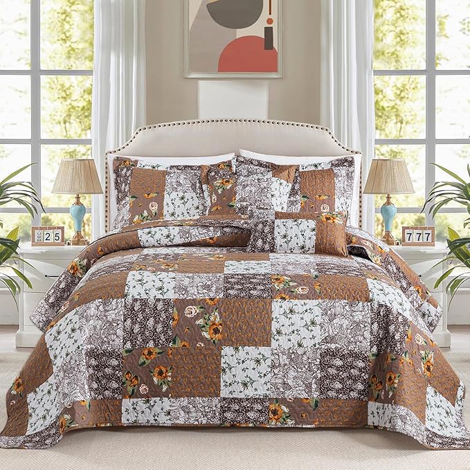 BEDIFANY Cotton Filling Queen Quilt Set - Reversible Farmhouse Bedspreads Queen Size with 2 Pillow Shams - Lightweight Queen Size Quilt Bedding Sets, 3 Pieces (90 x 98 inch)