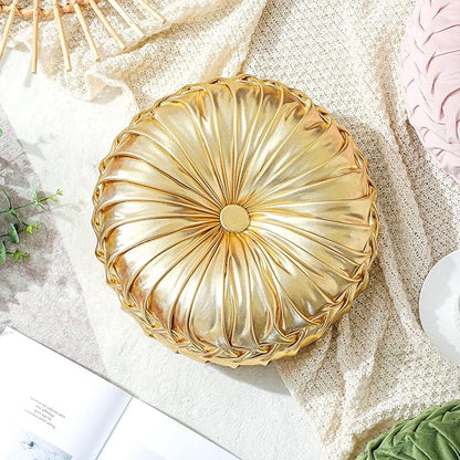 4 Pcs Round Throw Pillows Decorative Polyester Pleated Throw Pillows 15'' Diameter Accent Pumpkin Boho Chair Cushion for Couch Sofa Chair Bed Home Decoration (Gold)