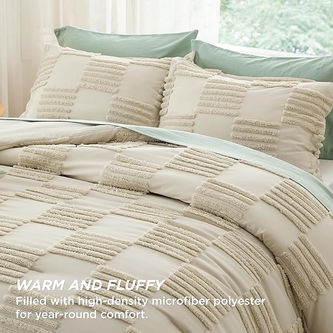 Bedsure Full Size Comforter Set Linen, Boho Tufted Bed Set, Grande Checkered Farmhouse Shabby Chic Bedding, 3 Pieces, 1 Plaid Geometric Comforter and 2 Pillow Shams