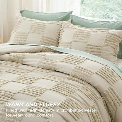 Bedsure Full Size Comforter Set Linen, Boho Tufted Bed Set, Grande Checkered Farmhouse Shabby Chic Bedding, 3 Pieces, 1 Plaid Geometric Comforter and 2 Pillow Shams