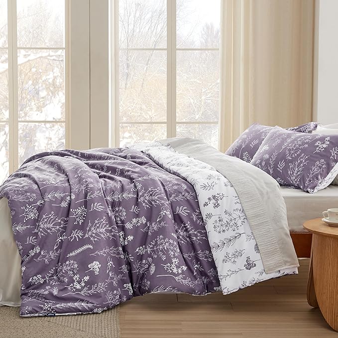 Bedsure Queen Comforter Set - Grayish Purple Bed Set, 3 Pieces Cute Floral Bedding, 1 Soft Reversible Botanical Flowers Comforter and 2 Pillow Shams