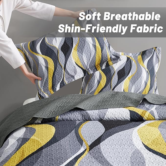 weesire Classic Line Pattern Bedding Quilt Queen Size Modern Grey Yellow and White Stripe Quilt with 2 Shams, Gray and Yellow Comforter Sets Lightweight Breathable Bedspreads Coverlet, 90''x96''