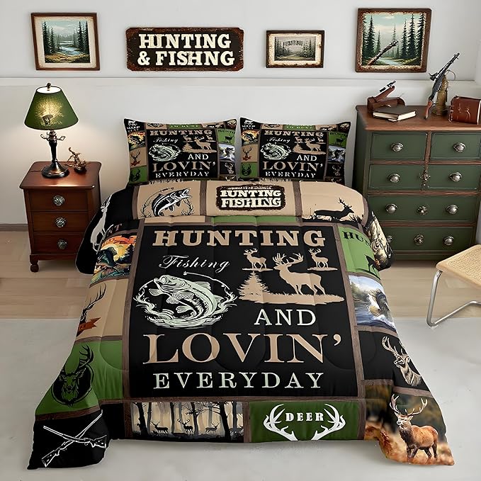 Feelyou Big Pike Fish Bedding Set - Kids Deer Antlers Comforter Set with 2 Pillowcases - Full Size