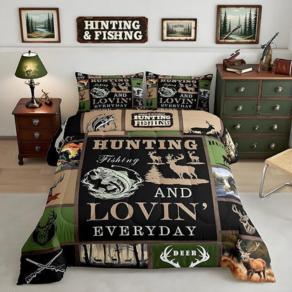 Feelyou Big Pike Fish Bedding Set - Kids Deer Antlers Comforter Set with 2 Pillowcases - Full Size
