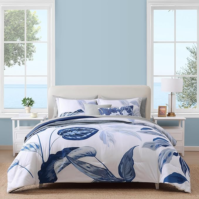 WRENSONGE King Size Comforter Set, 7 Pieces 7 Pieces Blue Tropical Leaves Soft Bedding Sets, Coastal Bed in a Bag, Botanical Printed Comforter with Sheets for All Season