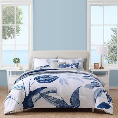 WRENSONGE King Size Comforter Set, 7 Pieces 7 Pieces Blue Tropical Leaves Soft Bedding Sets, Coastal Bed in a Bag, Botanical Printed Comforter with Sheets for All Season