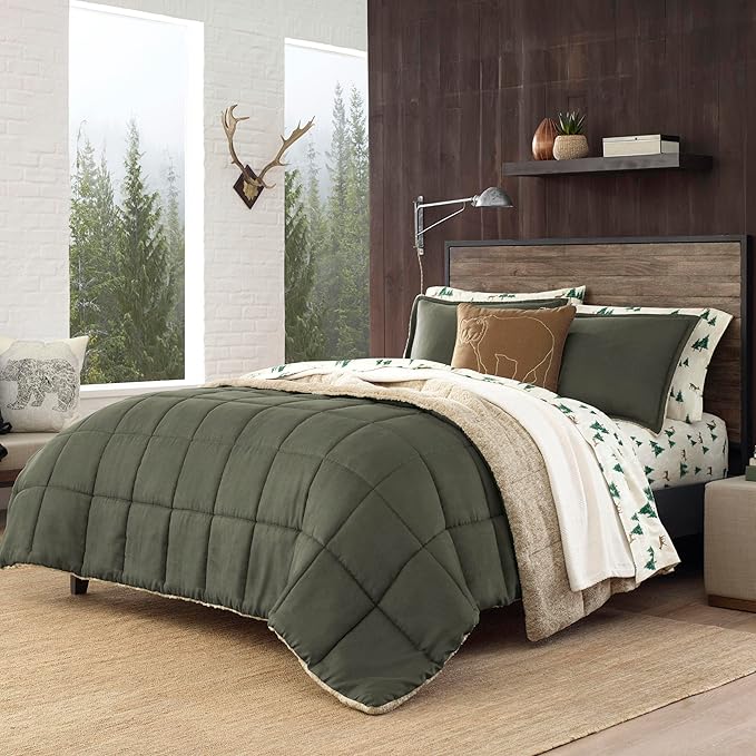 Eddie Bauer - King Comforter Set, Microsuede Bedding with Soft Sherpa Reverse, 3 Piece Bed Set with Matching Pillowcases (Sherwood Green)