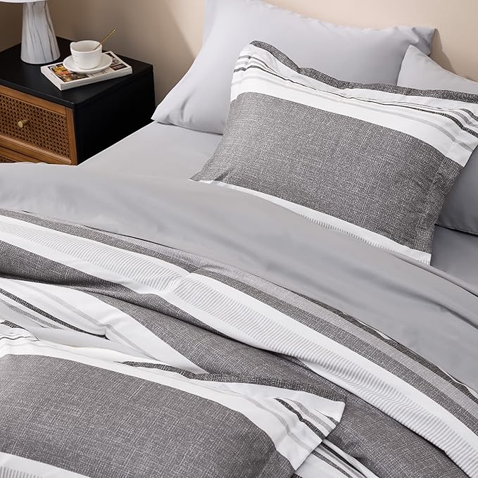 Bedsure Twin Comforter Set 5 Pieces, Frost Grey Striped Bedding Set for All Seasons, Reversible, Cationic Dyeing Bed in a Bag with Comforter, Sheets, Pillowcase & Sham