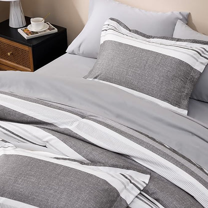 Bedsure Queen Comforter Set 7 Pieces, Frost Grey Striped Bedding Set for All Seasons, Reversible, Cationic Dyeing Bed in a Bag with Comforter, Sheets, Pillowcases & Shams