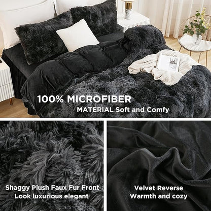 Andency Faux Fur Tie-Dyed Black Grey Comforter for Queen Size Bed, 3 Pieces Fluffy Fuzzy Plush Bedding Set (1 Shaggy Velvet Comforter & 2 Pillowcases), Soft Puffy Down Bedding Set