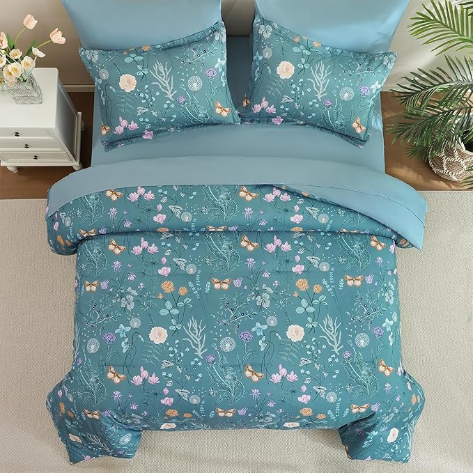 Yiran King Size Comforter Set, 7 Pieces Mineral Blue Floral Soft Bedding Sets, King Bed in a Bag Botanical Flowers All Season Comforter, Sheets, Pillowcases & Shams