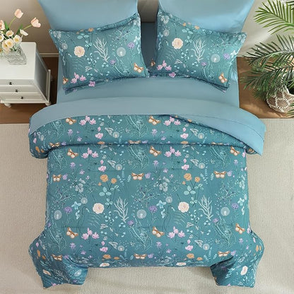 Yiran Queen Comforter Set, 7 Pieces Mineral Blue Floral Soft Bedding Sets, Queen Bed in a Bag with Botanical Flowers All Season Comforter, Sheets, Pillowcases & Shams
