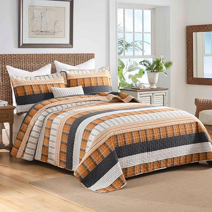 Homzard Queen Size Bedding Set，100% Cotton Quilts Queen Size，Orange Black Tan Bedspread Set，Plaid Striped Bedding Comforter Set，Lightweight Reversible Bed Set 3 Pieces