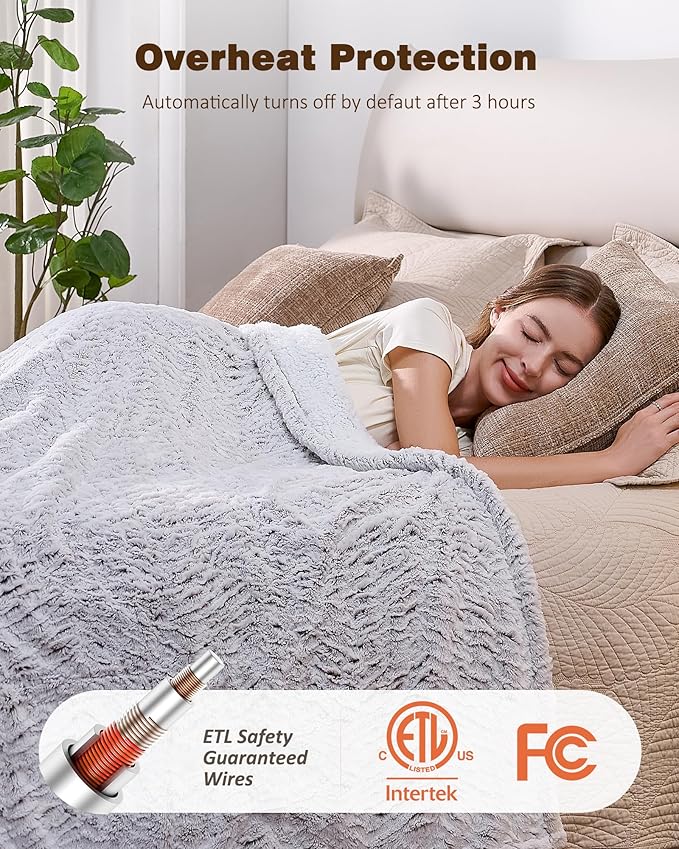 Electric Blanket Heated Twin 62"x84", Bed Blanket Clearance with 9 Heat Levels & 1-10H Timer, Silky Faux Fur, Fluffy Cozy Machine Washable Bedding, Gifts for Mom Dad (Brushed White)