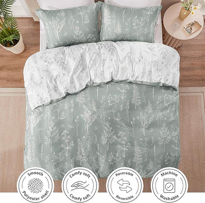 Love's cabin Grey Full Size Comforter Set - Full Comforter Set, 3 Pieces Cute Floral Bedding Sets for All Seasons,1 Soft Reversible Botanical Flowers Comforter and 2 Pillow Shams