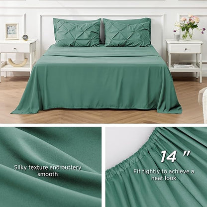 Bedsure Queen Comforter Set Baby Pea Green - Bed in a Bag Queen Size Bedding 7 Pieces, GentleSoft™ Pintuck Bed Set Gift for Family, Pinch Pleat All Season Comforter with Sheets, Pillowcases & Shams
