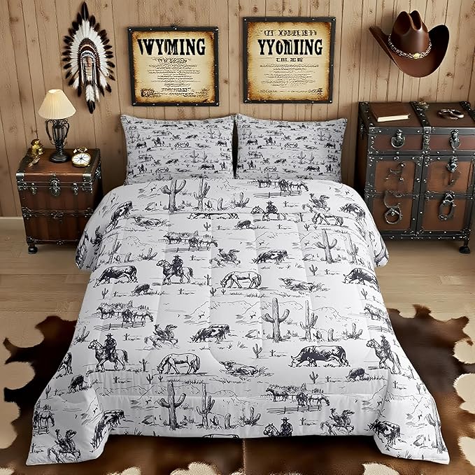 Feelyou Western Comforter Set King Size, White and Black Cowboy Cow Bedding Set Cowboy Comforter Desert Cactus Duvet Set Soft Bed Set 3Pcs