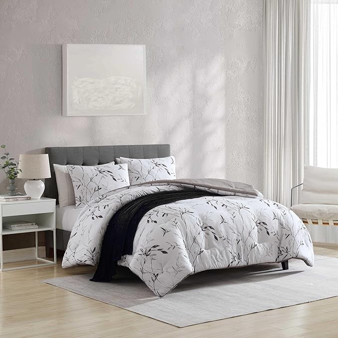 Kenneth Cole - Comforter Set, Super Soft Bedding with Matching Shams & Bonus Throw Blanket, Luxurious Home Decor (Ink Wash Vine Charcoal, Queen)