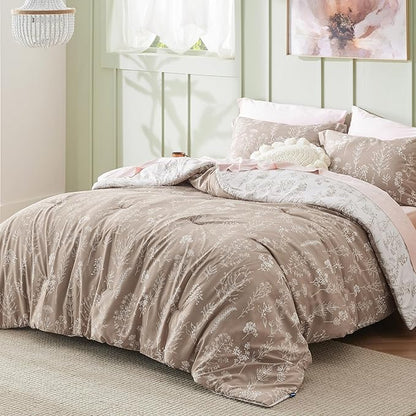 Bedsure Full Comforter Set - Light Taupe Bed Set, 3 Pieces Cute Floral Bedding, 1 Soft Reversible Botanical Flowers Comforter and 2 Pillow Shams