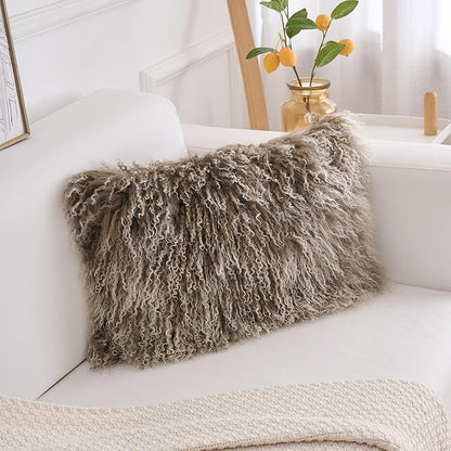 Genuine Mongolian Lamb Fur Pillow Cover – 12"x20" Rectangular Cushion Case – Soft Curly Wool Decorative Accent for Sofa, Bed, or Chair (Sage Green with White Tips)