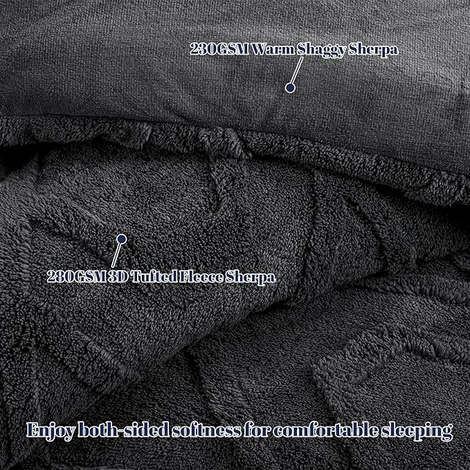 PHF Warm Sherpa Fleece Twin Comforter Set, 3D Tufted Fluffy Dark Grey Bedding for Winter, Soft 2 Pieces Shaggy Bed Set, 1 Comforter (68"x90") and 1 Pillowcase (20"x26")