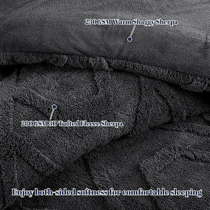 PHF Warm Sherpa Fleece King Comforter Set, 3D Tufted Fluffy Dark Grey Bedding for Winter, Soft 2 Pieces Shaggy Bed Set, 1 Comforter (104"x90") and 2 Pillowcases (20"x36")