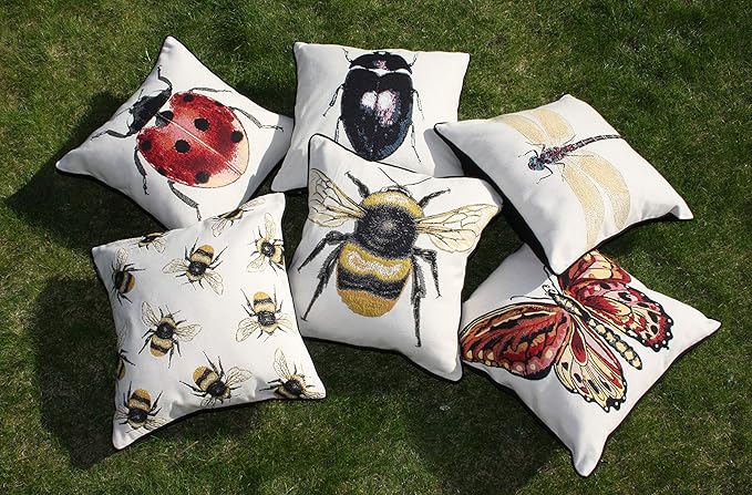 McAlister Textiles Decorative Tapestry Throw Pillow Cover Scatter Cushion with Dragonfly Tapestry Design for Lounge, Bedroom & Garden 17x17 Inches Bugs Life Range