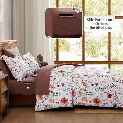 CASAAGUSTO Queen Comforter Set, 7 PCS White Floral Comforter Set with Terracotta Flowers Leaves Pattern, Soft Seersucker Design All Season Queen Bedding Set(90"X90")